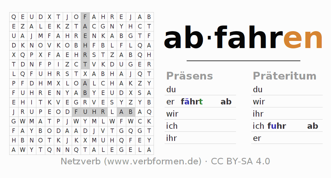 Wortsuchrätsel für die Konjugation des Verbs abfahren (hat)