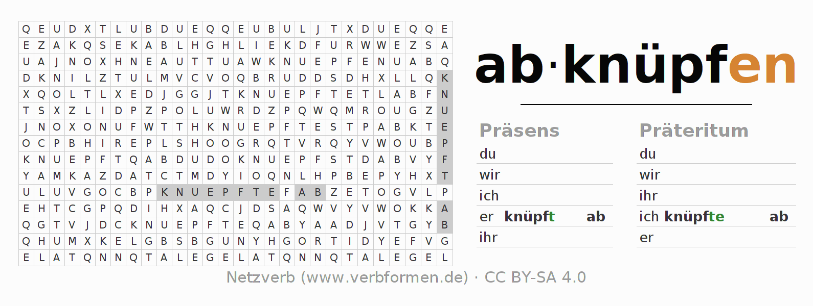 Wortsuchrätsel für die Konjugation des Verbs abknüpfen