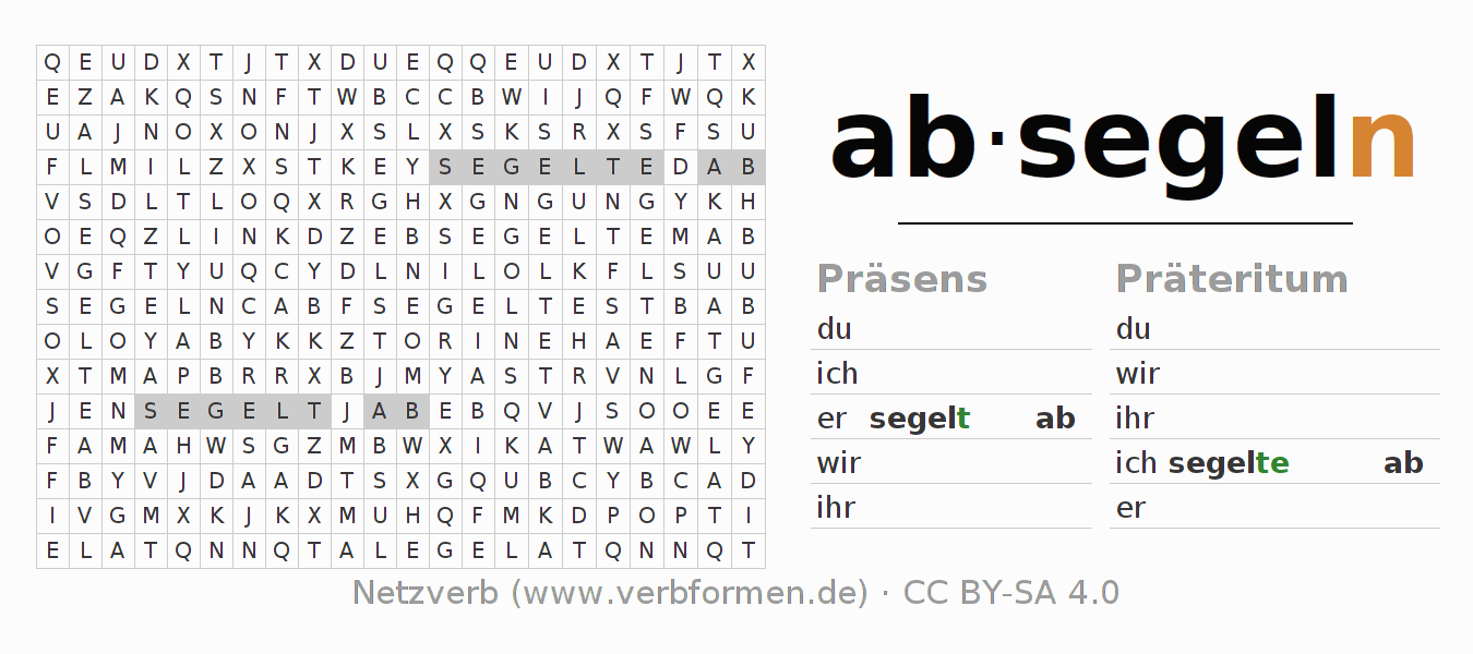 Wortsuchrätsel für die Konjugation des Verbs absegeln (hat)