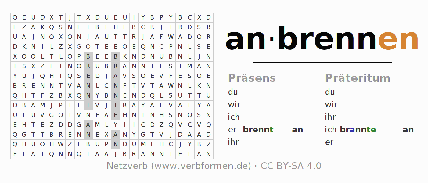 Wortsuchrätsel für die Konjugation des Verbs anbrennen (hat)