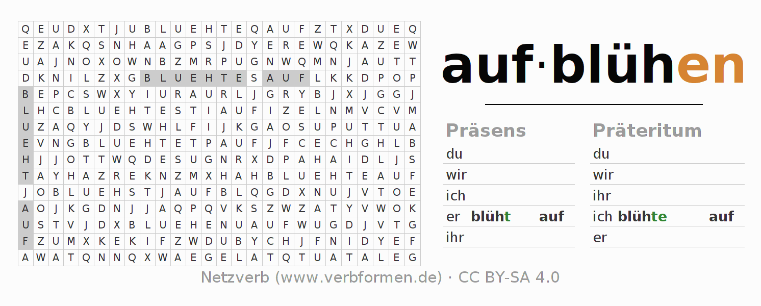 Wortsuchrätsel für die Konjugation des Verbs aufblühen