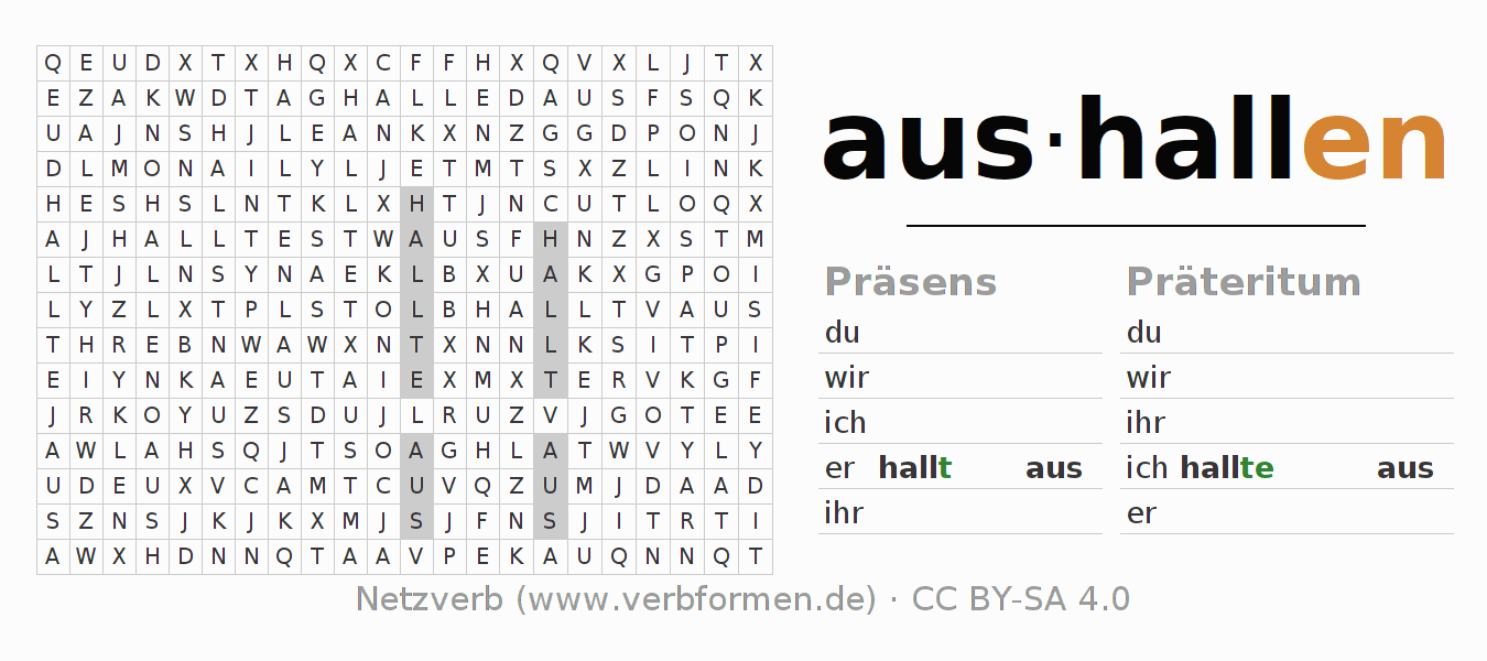 Wortsuchrätsel für die Konjugation des Verbs aushallen