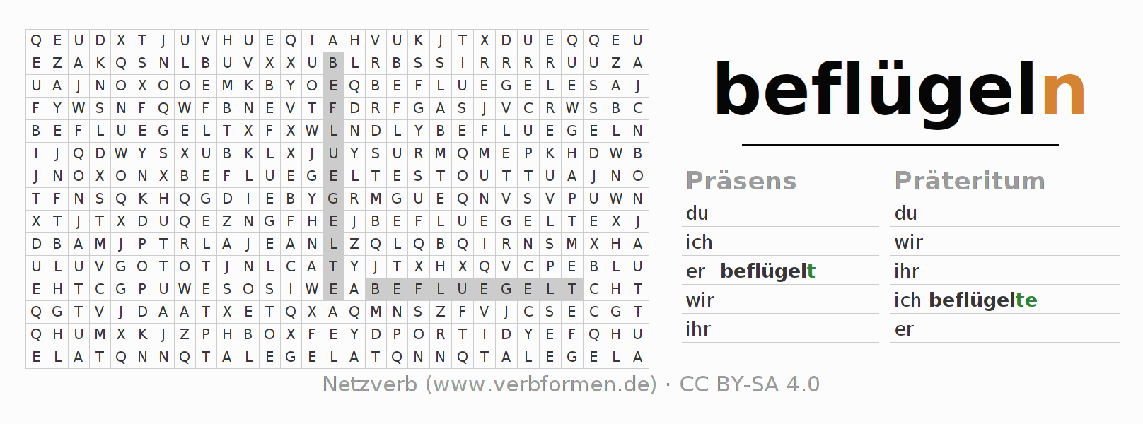 Wortsuchrätsel für die Konjugation des Verbs beflügeln