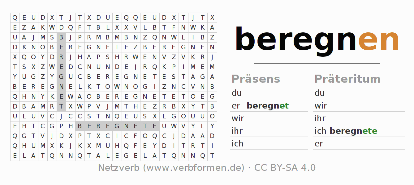 Wortsuchrätsel für die Konjugation des Verbs beregnen
