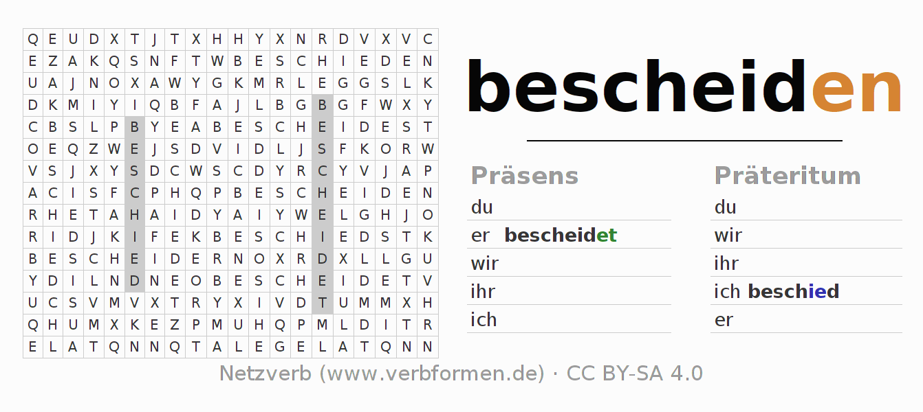 Wortsuchrätsel für die Konjugation des Verbs bescheiden