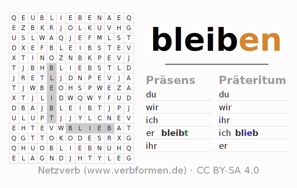 Wortsuchrätsel für die Konjugation des Verbs bleiben