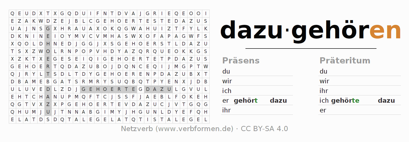 Wortsuchrätsel für die Konjugation des Verbs dazugehören