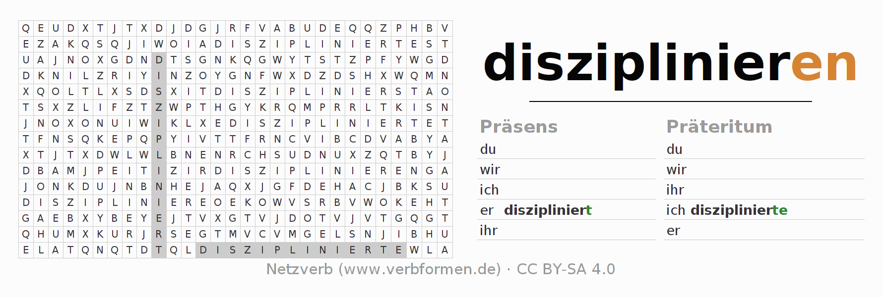 Wortsuchrätsel für die Konjugation des Verbs disziplinieren