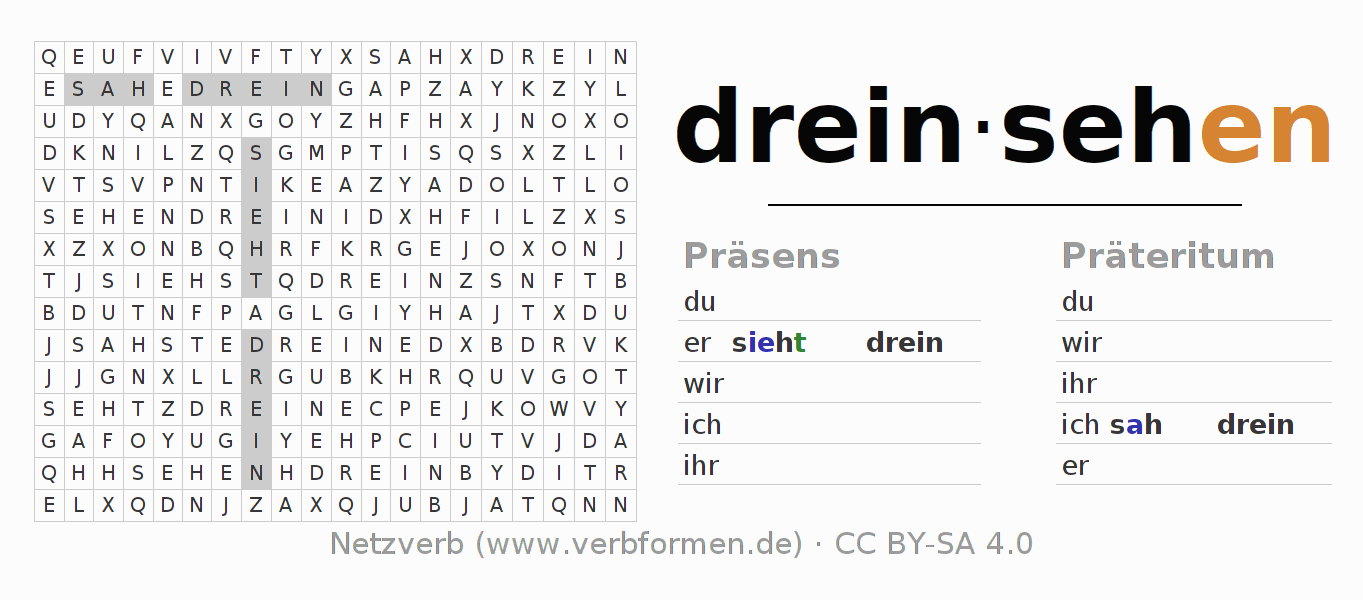 Wortsuchrätsel für die Konjugation des Verbs dreinsehen