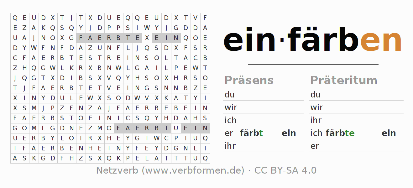 Wortsuchrätsel für die Konjugation des Verbs einfärben