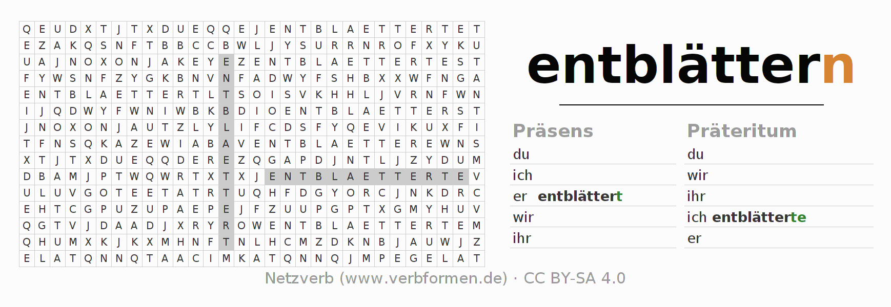 Wortsuchrätsel für die Konjugation des Verbs entblättern