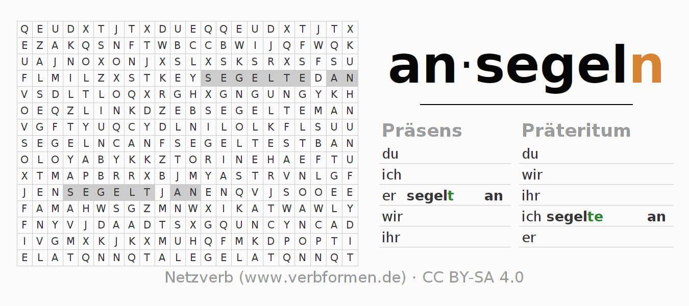 Wortsuchrätsel für die Konjugation des Verbs ansegeln (ist)
