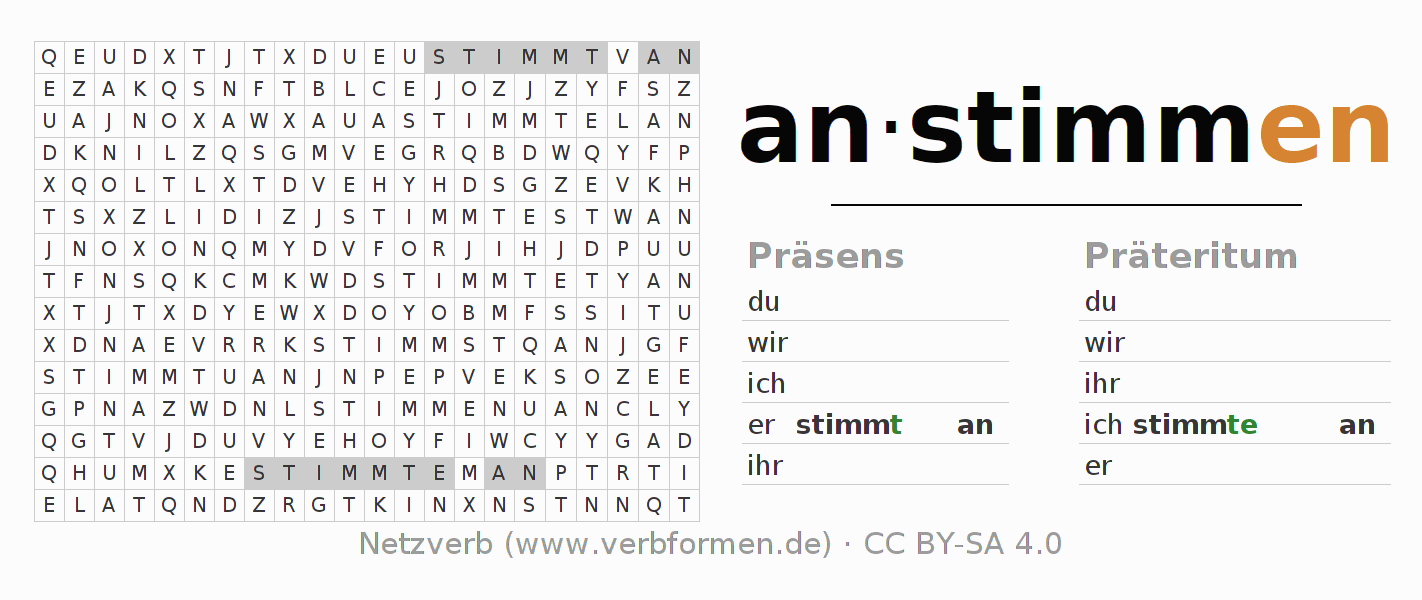 Wortsuchrätsel für die Konjugation des Verbs anstimmen