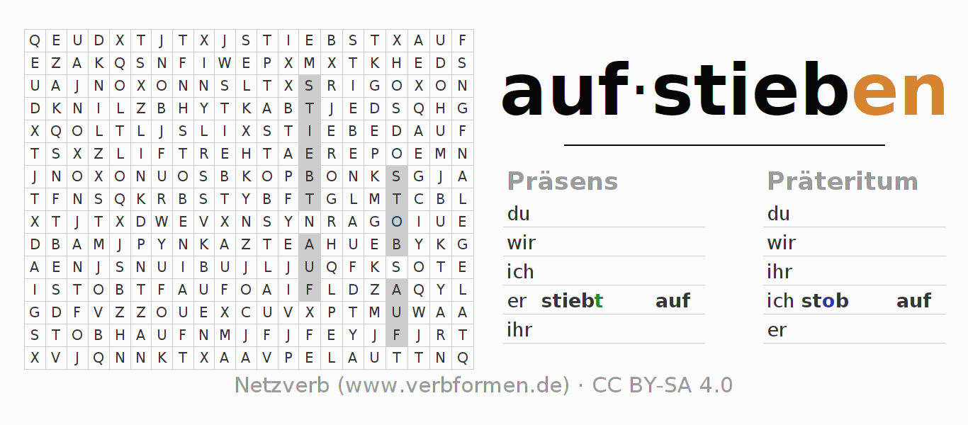 Wortsuchrätsel für die Konjugation des Verbs aufstieben