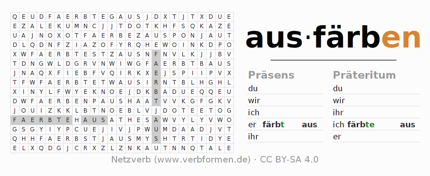 Wortsuchrätsel für die Konjugation des Verbs ausfärben (hat)