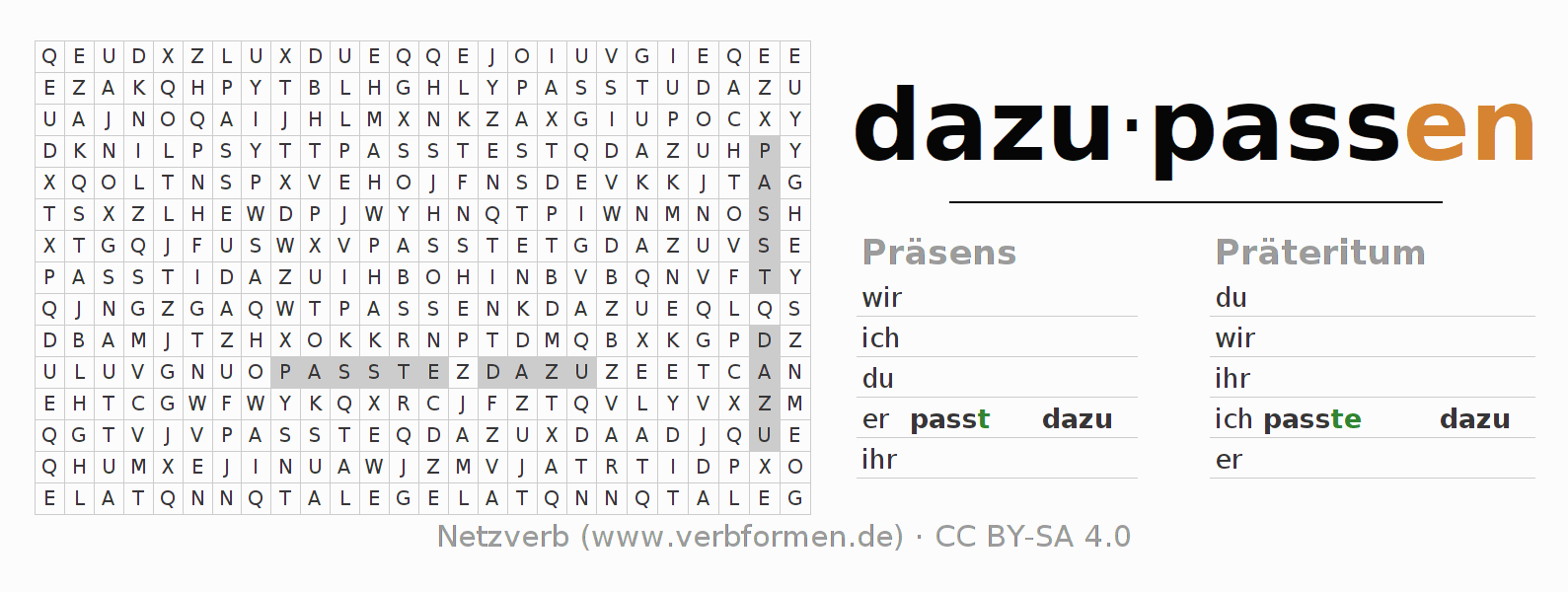 Wortsuchrätsel für die Konjugation des Verbs dazupassen