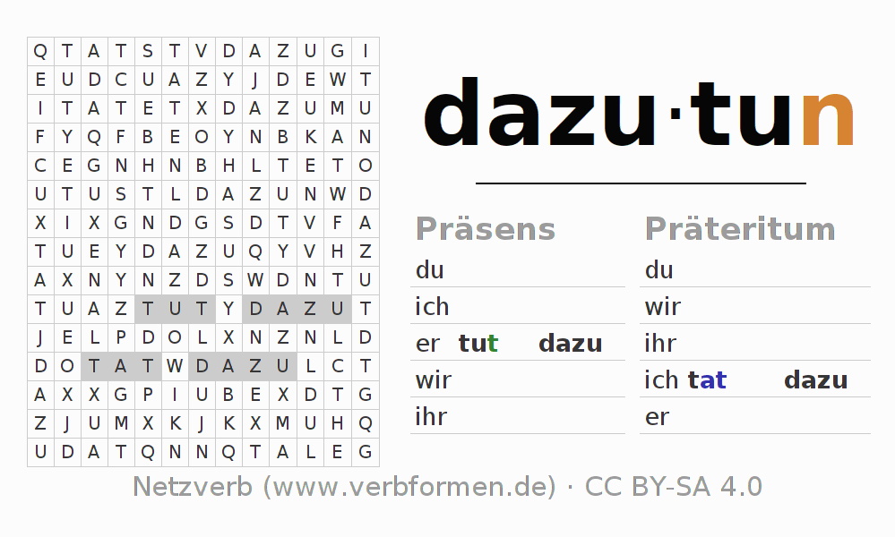 Wortsuchrätsel für die Konjugation des Verbs dazutun