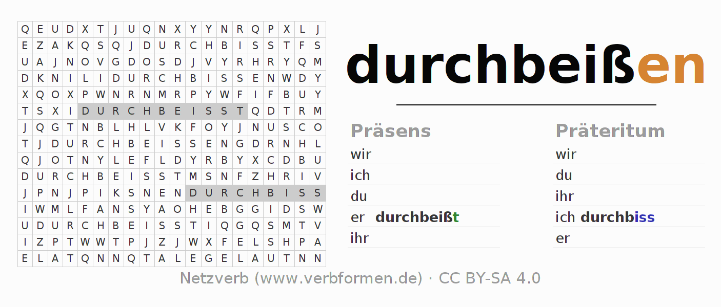 Wortsuchrätsel für die Konjugation des Verbs durchbeißen