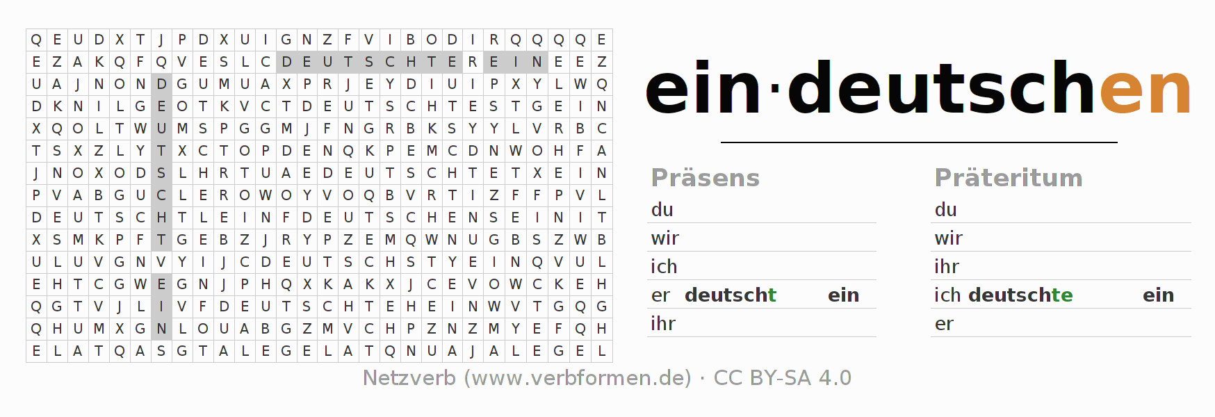 Wortsuchrätsel für die Konjugation des Verbs eindeutschen