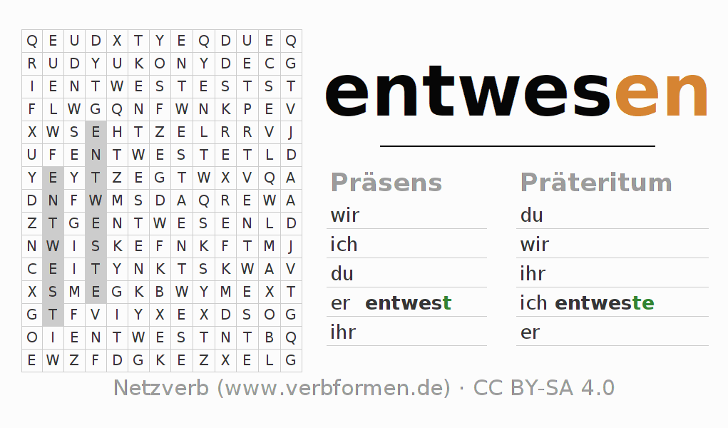 Wortsuchrätsel für die Konjugation des Verbs entwesen