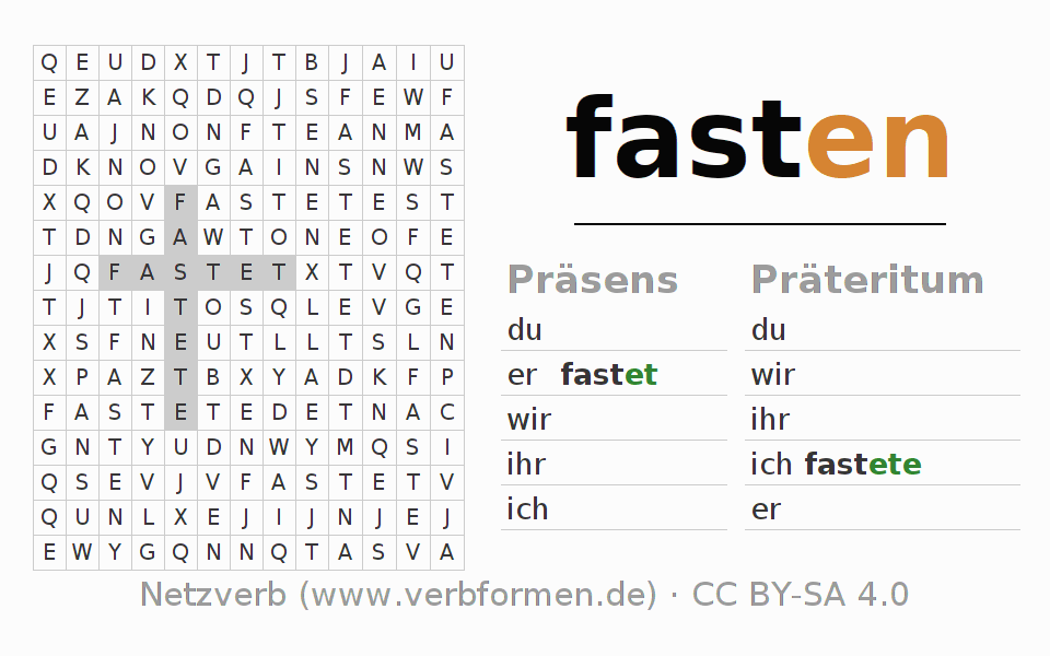 Wortsuchrätsel für die Konjugation des Verbs fasten