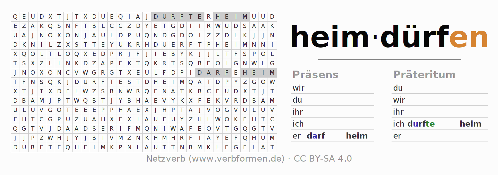 Wortsuchrätsel für die Konjugation des Verbs heimdürfen