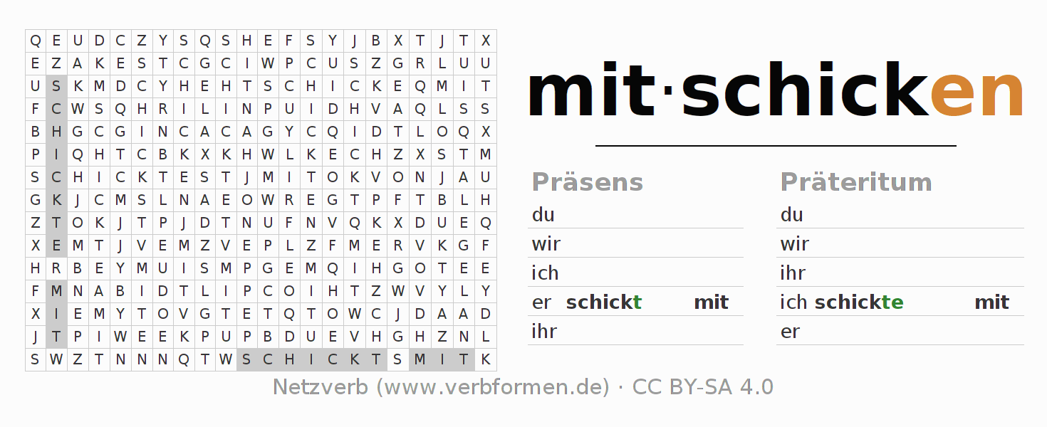 Wortsuchrätsel für die Konjugation des Verbs mitschicken