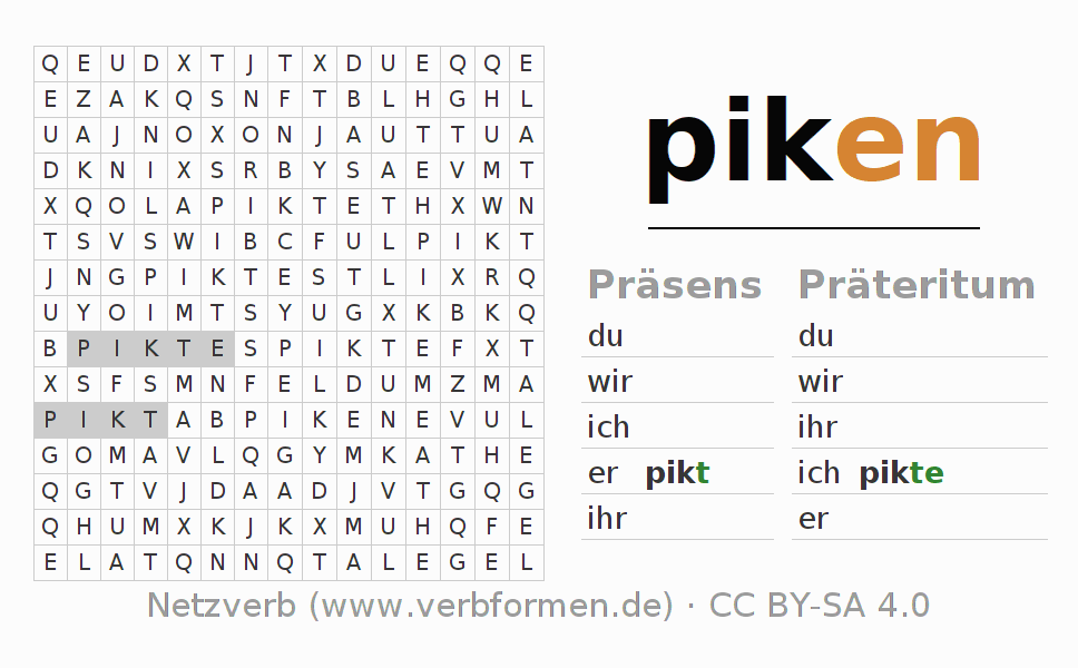 Wortsuchrätsel für die Konjugation des Verbs piken