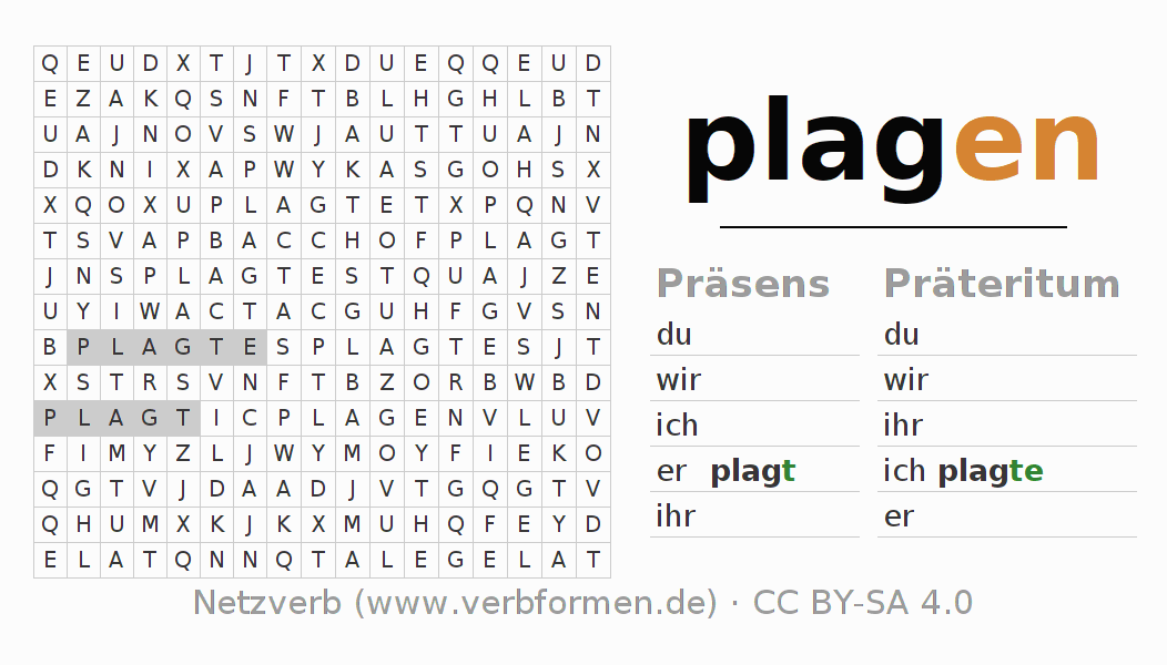 Wortsuchrätsel für die Konjugation des Verbs plagen