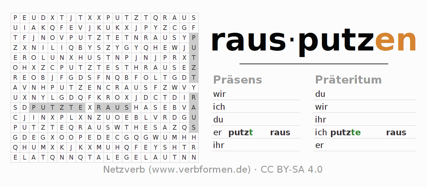 Wortsuchrätsel für die Konjugation des Verbs rausputzen