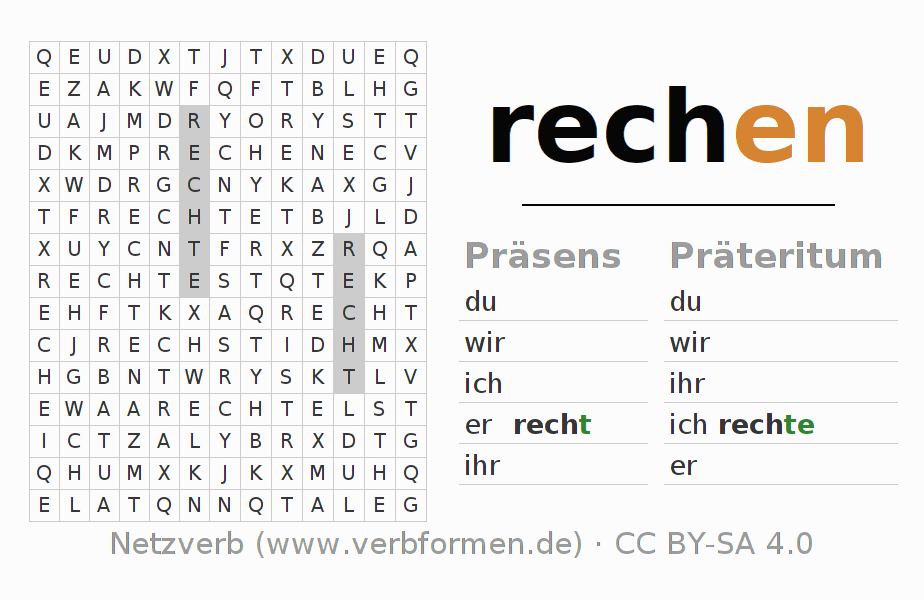 Wortsuchrätsel für die Konjugation des Verbs rechen