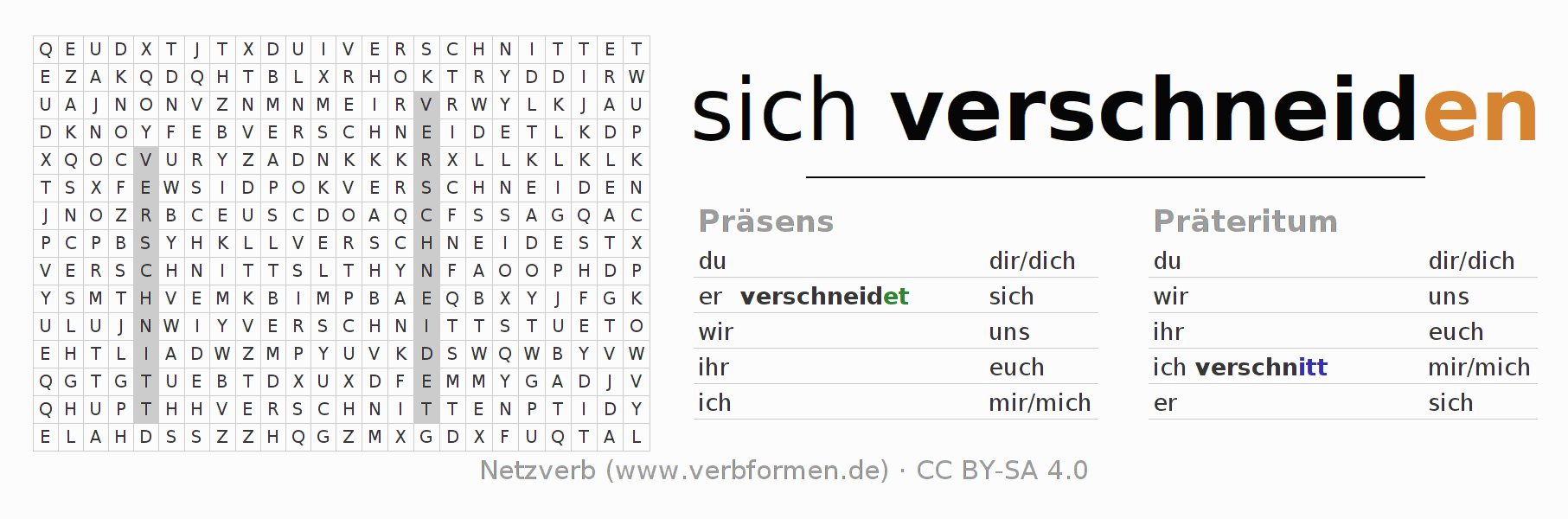 Wortsuchrätsel für die Konjugation des Verbs sich verschneiden