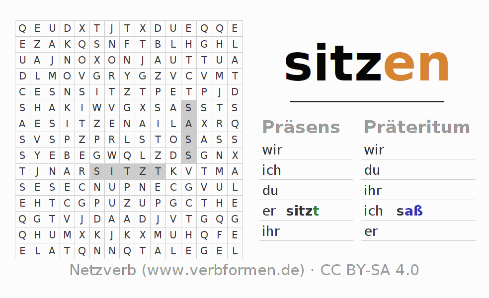 Wortsuchrätsel für die Konjugation des Verbs sitzen (hat)