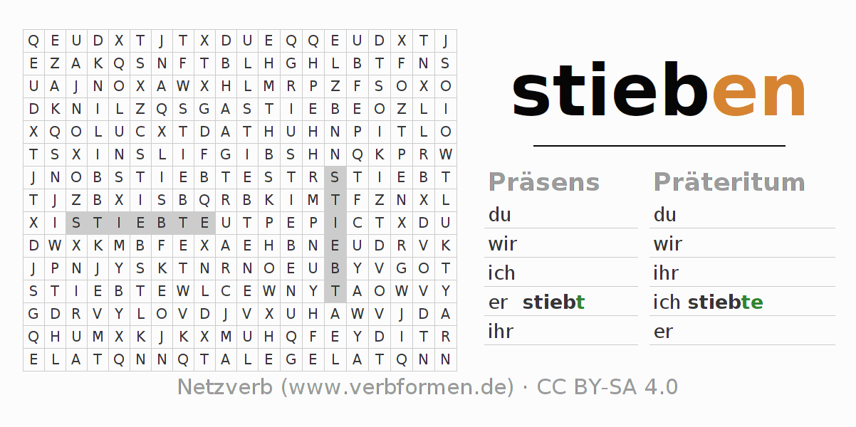 Wortsuchrätsel für die Konjugation des Verbs stieben (regelm) (ist)