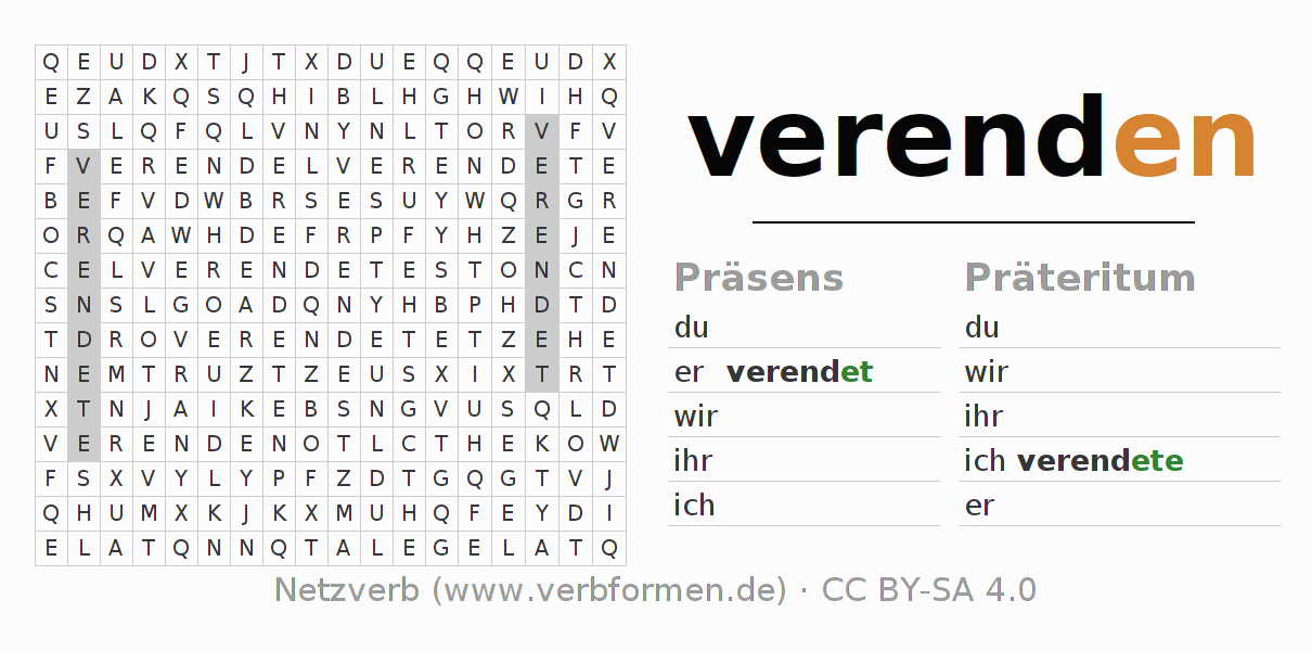 Wortsuchrätsel für die Konjugation des Verbs verenden