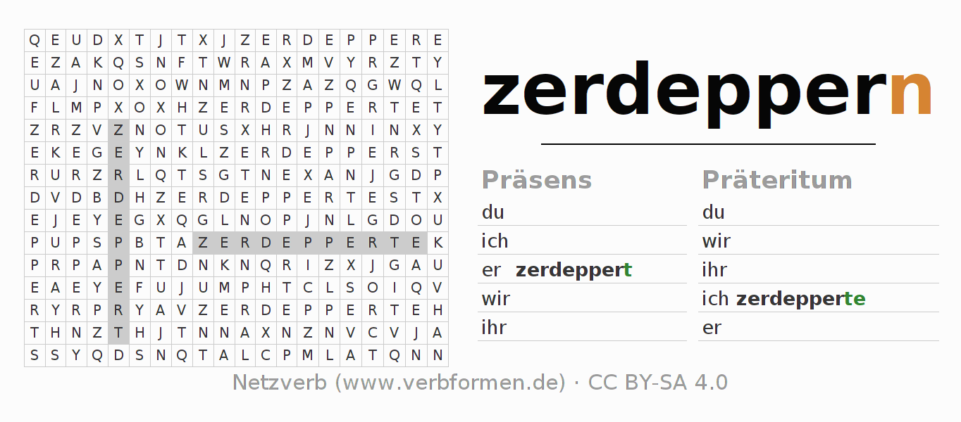 Wortsuchrätsel für die Konjugation des Verbs zerdeppern