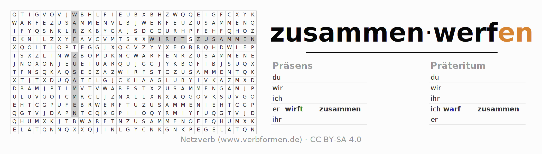 Wortsuchrätsel für die Konjugation des Verbs zusammenwerfen