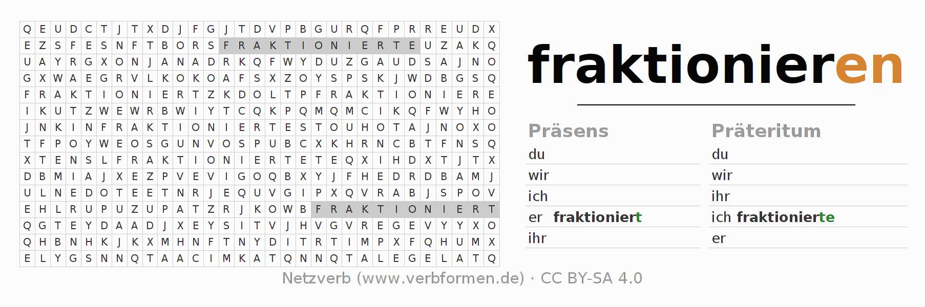 Wortsuchrätsel für die Konjugation des Verbs fraktionieren