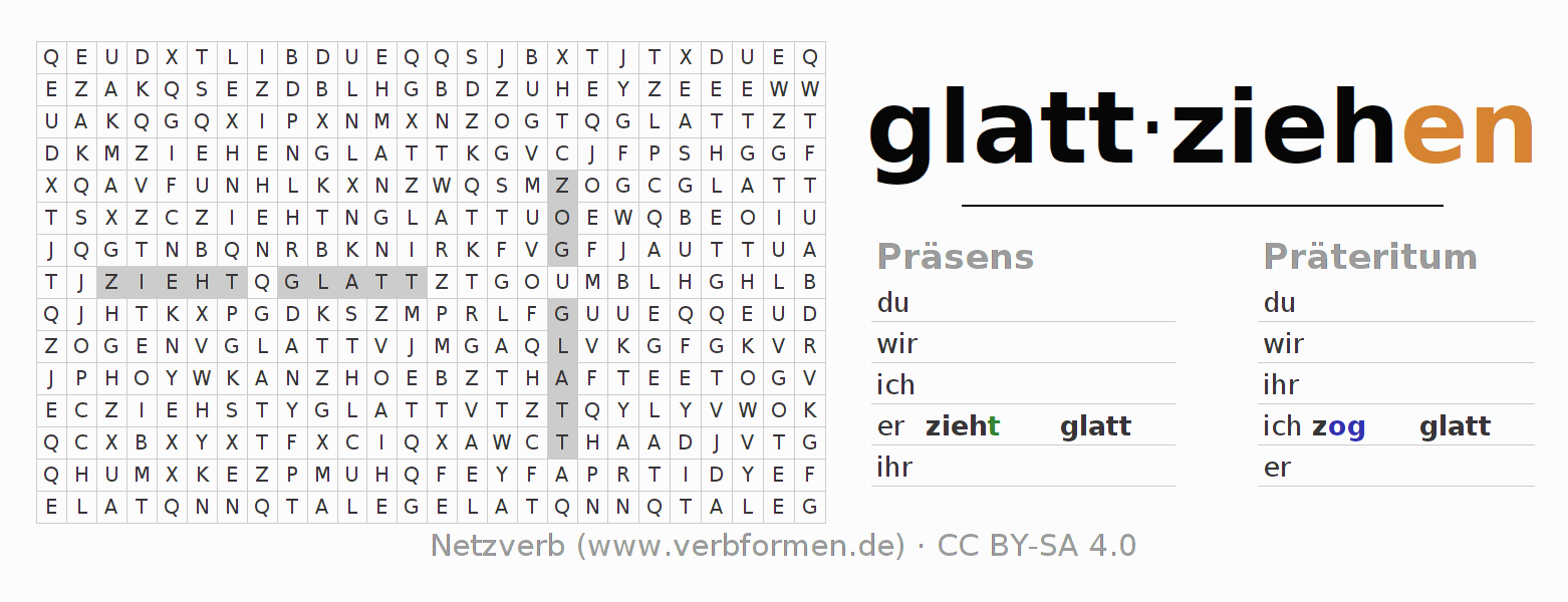 Wortsuchrätsel für die Konjugation des Verbs glattziehen