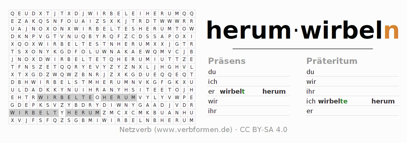 Wortsuchrätsel für die Konjugation des Verbs herumwirbeln (ist)