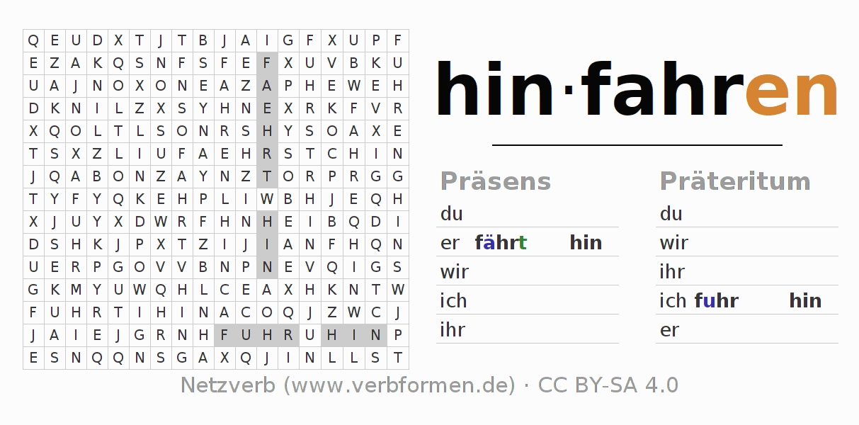 Wortsuchrätsel für die Konjugation des Verbs hinfahren (hat)