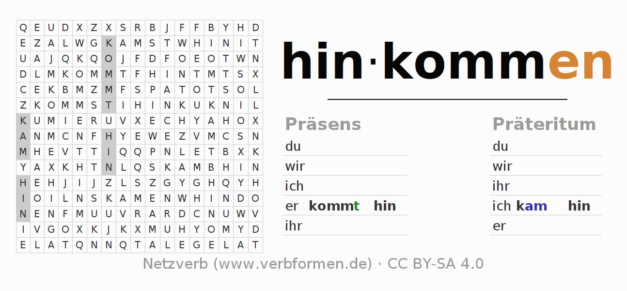 Wortsuchrätsel für die Konjugation des Verbs hinkommen