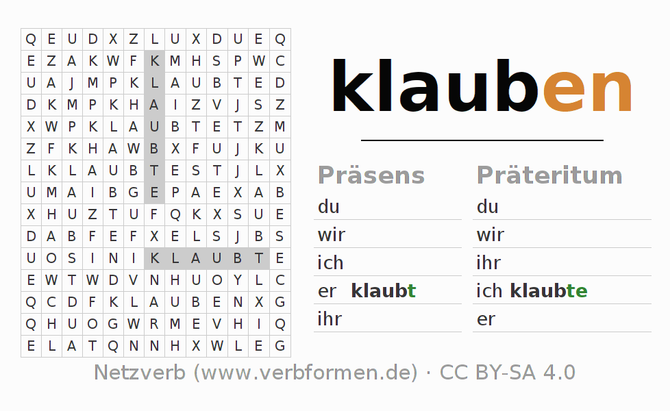 Wortsuchrätsel für die Konjugation des Verbs klauben