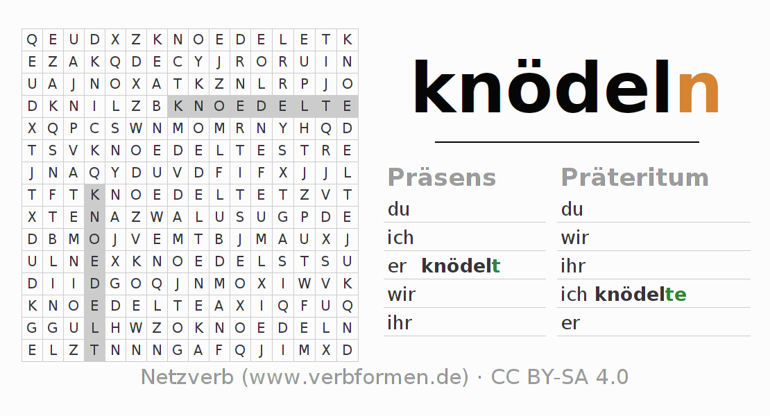 Wortsuchrätsel für die Konjugation des Verbs knödeln