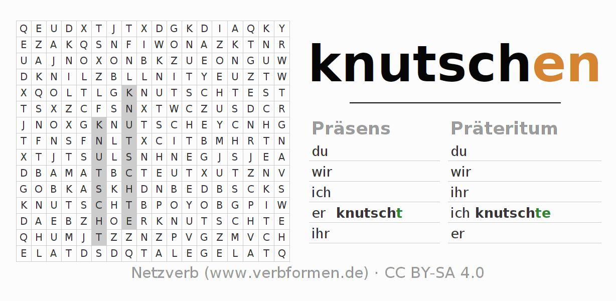 Wortsuchrätsel für die Konjugation des Verbs knutschen