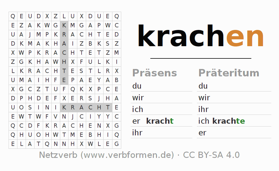 Wortsuchrätsel für die Konjugation des Verbs krachen (ist)