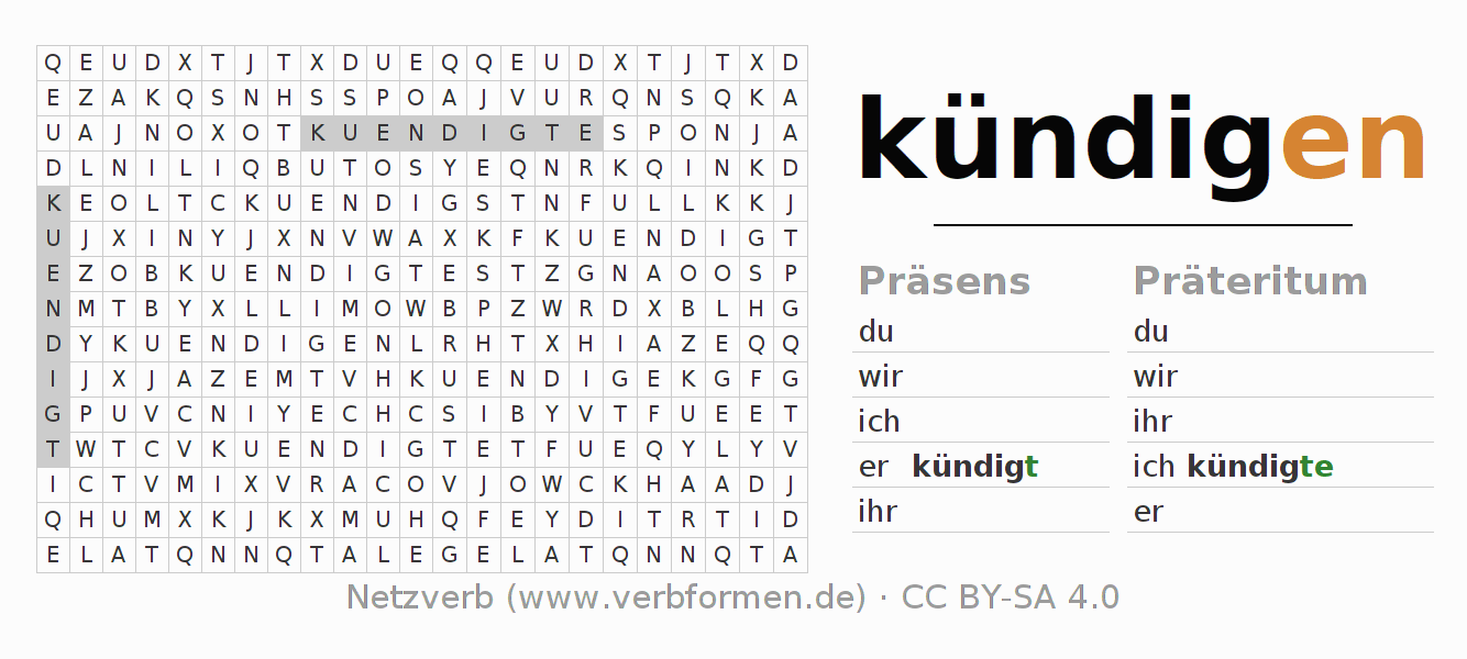 Wortsuchrätsel für die Konjugation des Verbs kündigen