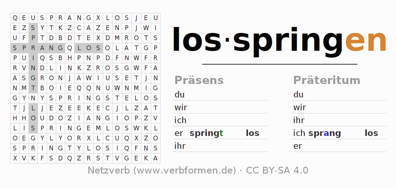 Wortsuchrätsel für die Konjugation des Verbs losspringen