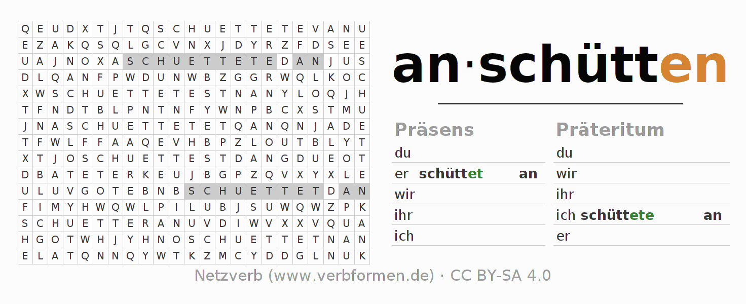Wortsuchrätsel für die Konjugation des Verbs anschütten