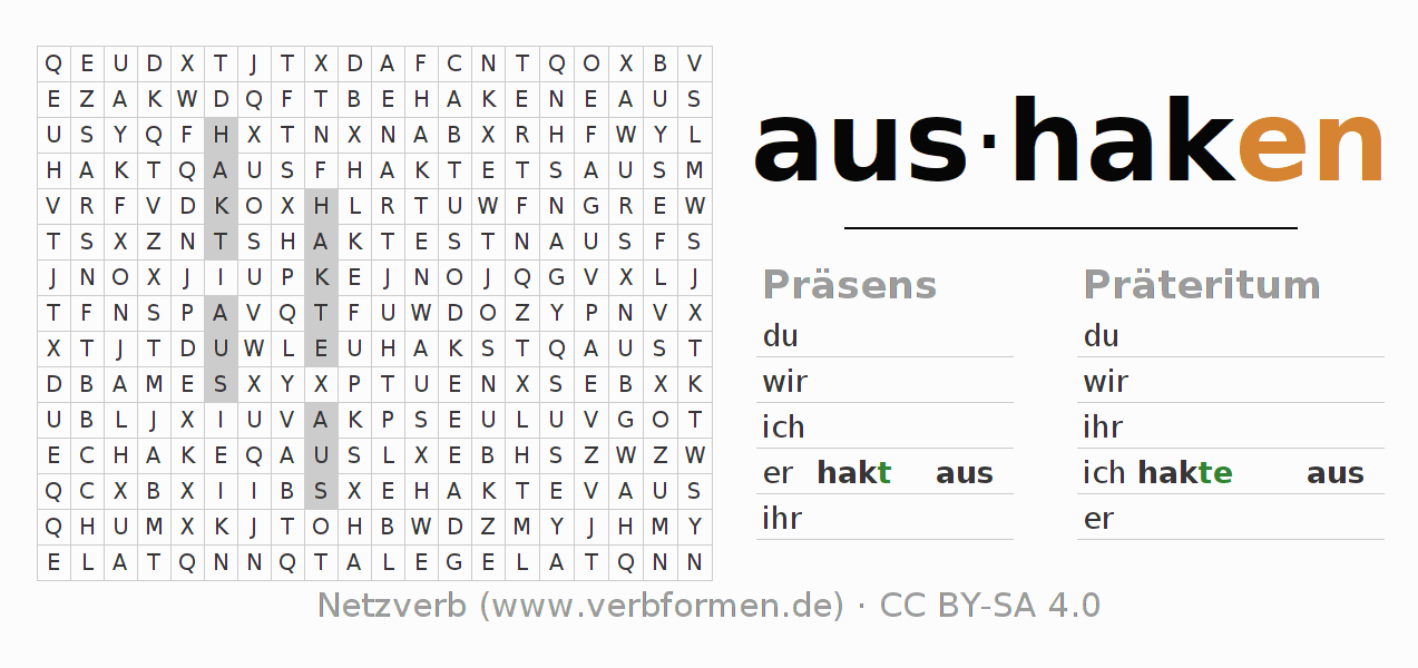 Wortsuchrätsel für die Konjugation des Verbs aushaken